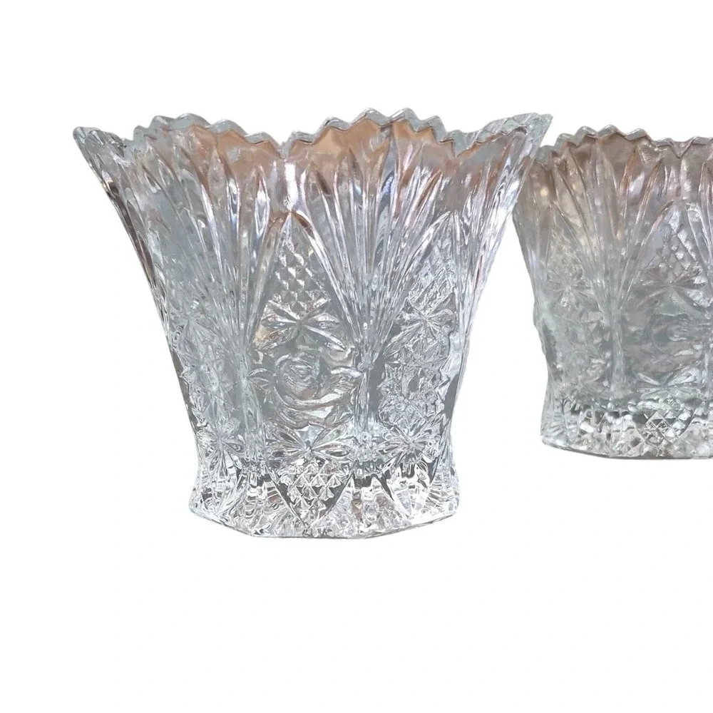 Vintage Clear Pressed Glass Rose Starburst Votive Candle Holder‎ Set of 2 Vases